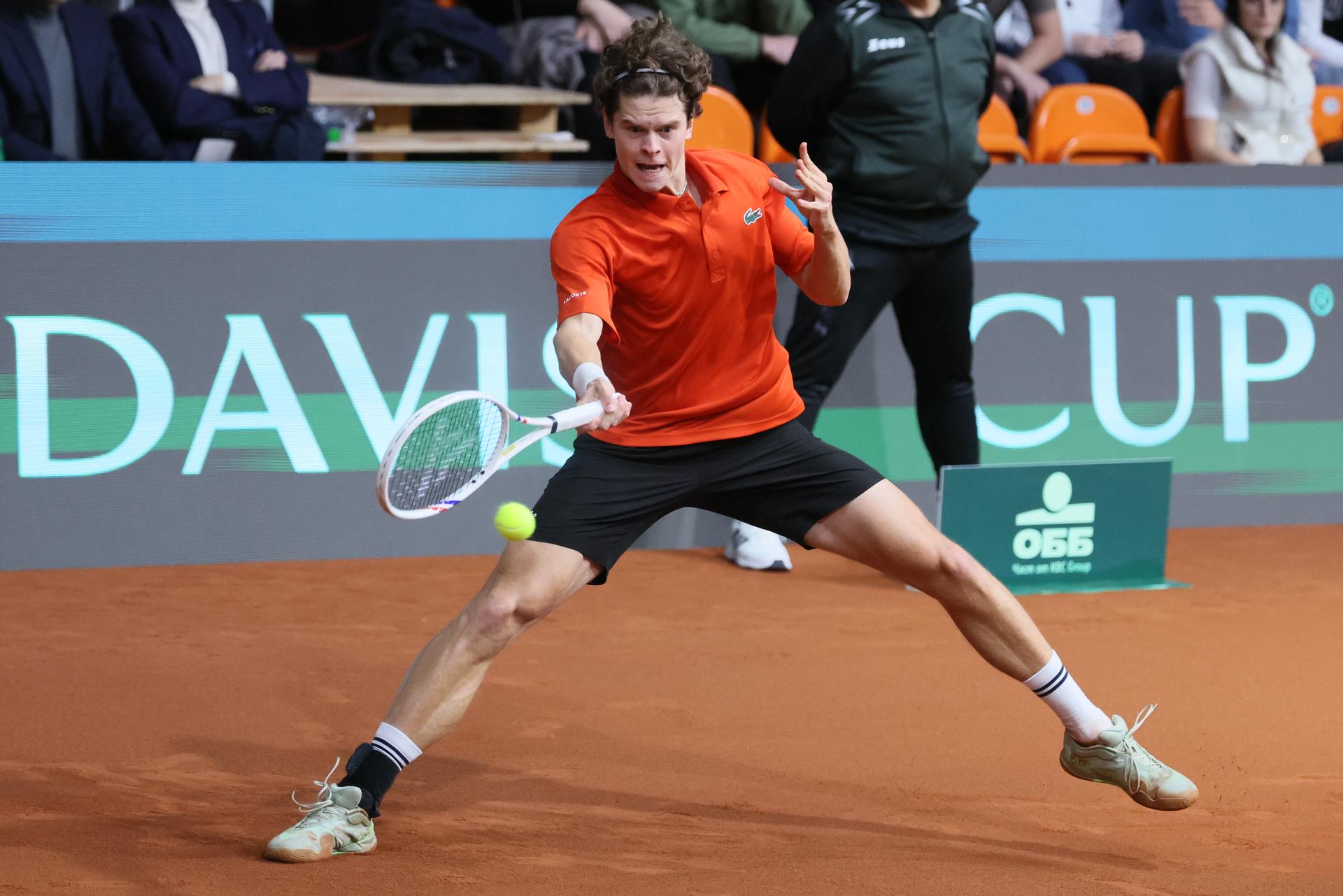 Belgian Alexander Blockx pictured in action during a tennis match against Bulgarian Radulov, during the qualifier of the Davis Cup on Saturday 07 February 2026, in Plovdiv, Bulgaria. Belgium will compete this weekend in the Davis Cup qualifiers against Bulgaria. BELGA PHOTO BENOIT DOPPAGNE