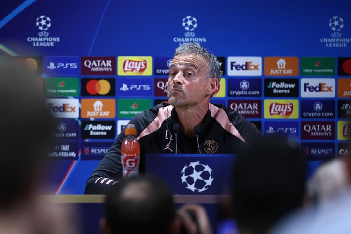 Paris Saint-Germain's Spanish headcoach Luis Enrique holds a press conference on the eve of Paris Saint-Germain's second leg semi-final UEFA Champions League match against Arsenal, at the club's training ground in Poissy, west of Paris, on May 6, 2025.  FRANCK FIFE / AFP