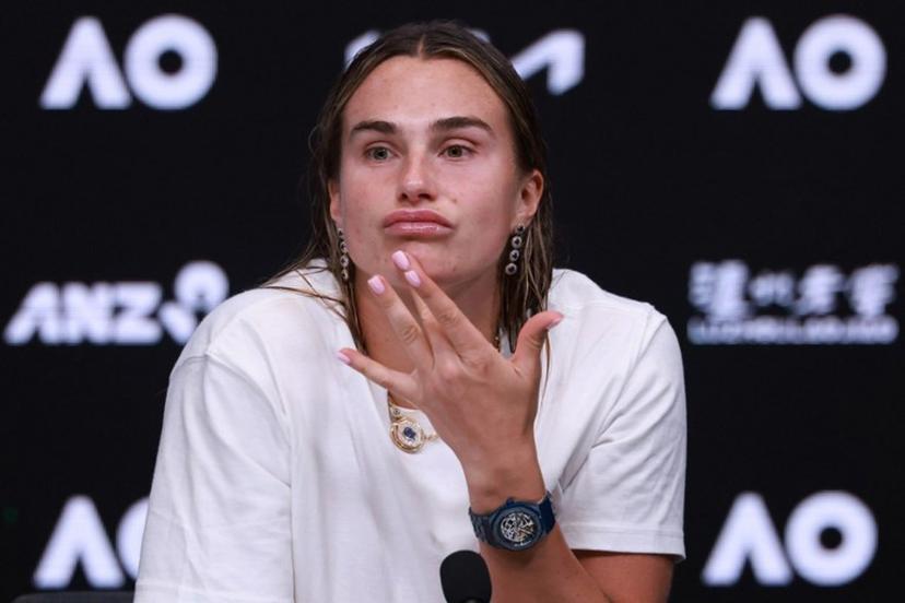 Belarus' Aryna Sabalenka speaks during a press conference after her defeat against Kazakhstan's Elena Rybakina during their women's singles final match on day fourteen of the Australian Open tennis tournament in Melbourne on January 31, 2026.  DAVID GRAY / AFP