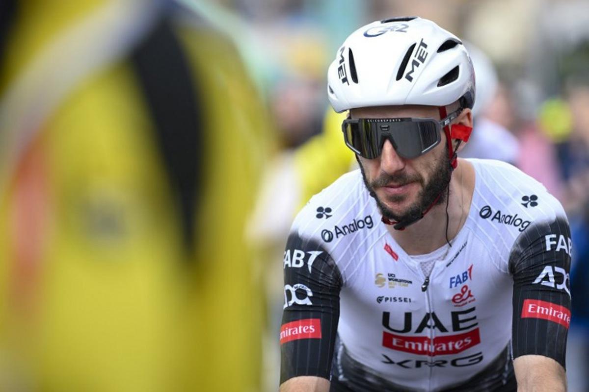 Team UAE's Adam Yates is pictured at the end of the first stage of the 2025 Volta a Catalonya cycling tour of Catalonya, a 178,3 km loop starting and finishing in Sant Feliu de Guixols, on March 24, 2025.  Josep LAGO / AFP