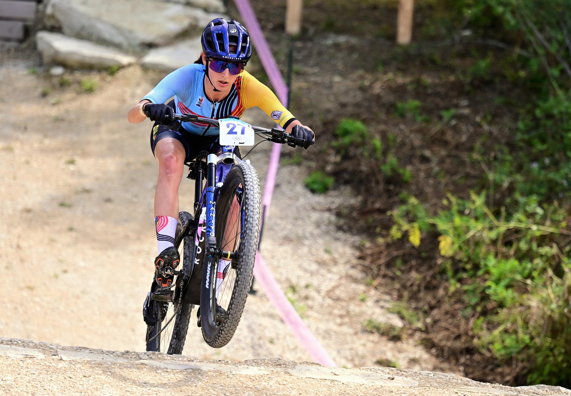 Belgian Emeline Detilleux pictured in action during the women's cross-country cycling race of the Paris 2024 Olympic Games, at the Colline d'Elancourt climb near Paris, France on Sunday 28 July 2024. The Games of the XXXIII Olympiad are taking place in Paris from 26 July to 11 August. The Belgian delegation counts 165 athletes competing in 21 sports. BELGA PHOTO LAURIE DIEFFEMBACQ