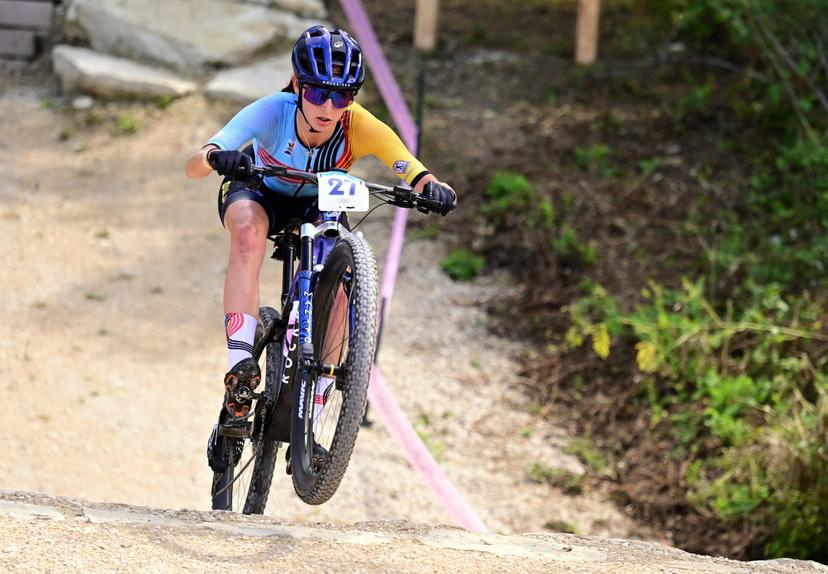 Belgian Emeline Detilleux pictured in action during the women's cross-country cycling race of the Paris 2024 Olympic Games, at the Colline d'Elancourt climb near Paris, France on Sunday 28 July 2024. The Games of the XXXIII Olympiad are taking place in Paris from 26 July to 11 August. The Belgian delegation counts 165 athletes competing in 21 sports. BELGA PHOTO LAURIE DIEFFEMBACQ