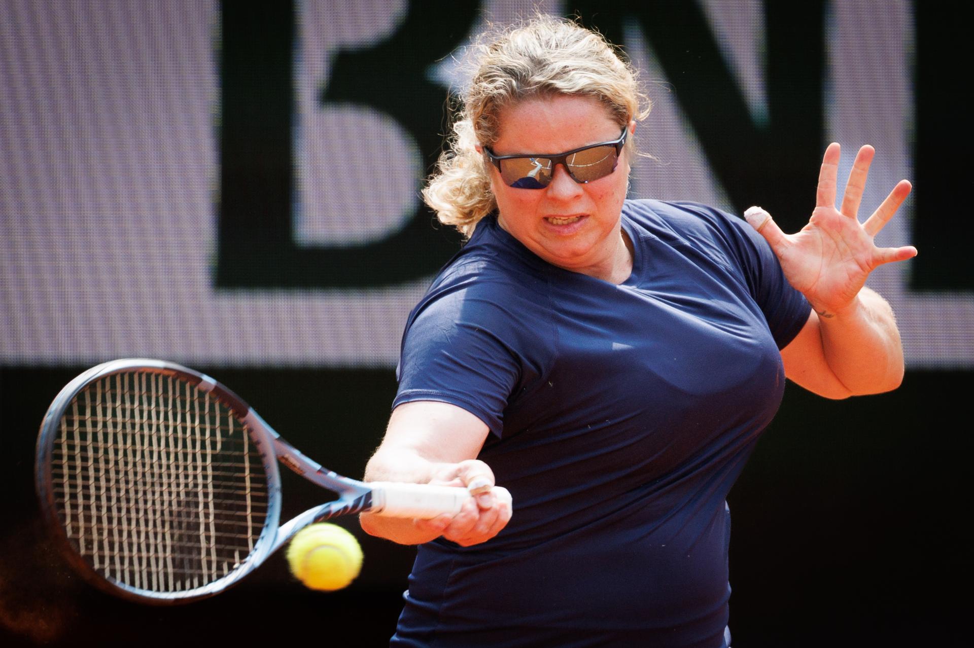Former tennis number 1 Kim Clijsters pictured in action during a doubles tennis match between Belgian-German pair Clijsters-Petkovic and Slovak-Czech pair Hantuchova-Safarova, in the women's doubles at the Roland Garros Legends Trophy tournament, Tuesday 03 June 2025 in Paris, France. The 2025 edition of Roland Garros takes place from May 25th to June 8th 2025. BELGA PHOTO BENOIT DOPPAGNE