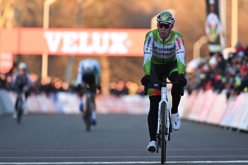 Belgian Laurens Sweeck reacts as he finished at the second place at the men elite race at the World Cup cyclocross cycling event in Tabor, Czech Republic, stage 1 (out of 12) of the UCI World Cup cyclocross competition, Sunday 23 November 2025. BELGA PHOTO DAVID PINTENS