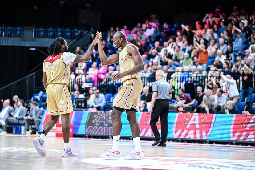 Antwerp's Symir Torrence and Antwerp's Kevin Tumba celebrate during a basketball match between Antwerp Giants and BC Oostende, Thursday 15 May 2025 in Antwerp, a quarter final game (2nd leg, best-of-3) in the playoffs of the 'BNXT League' Belgian/ Dutch first division basket championship. BELGA PHOTO TOM GOYVAERTS