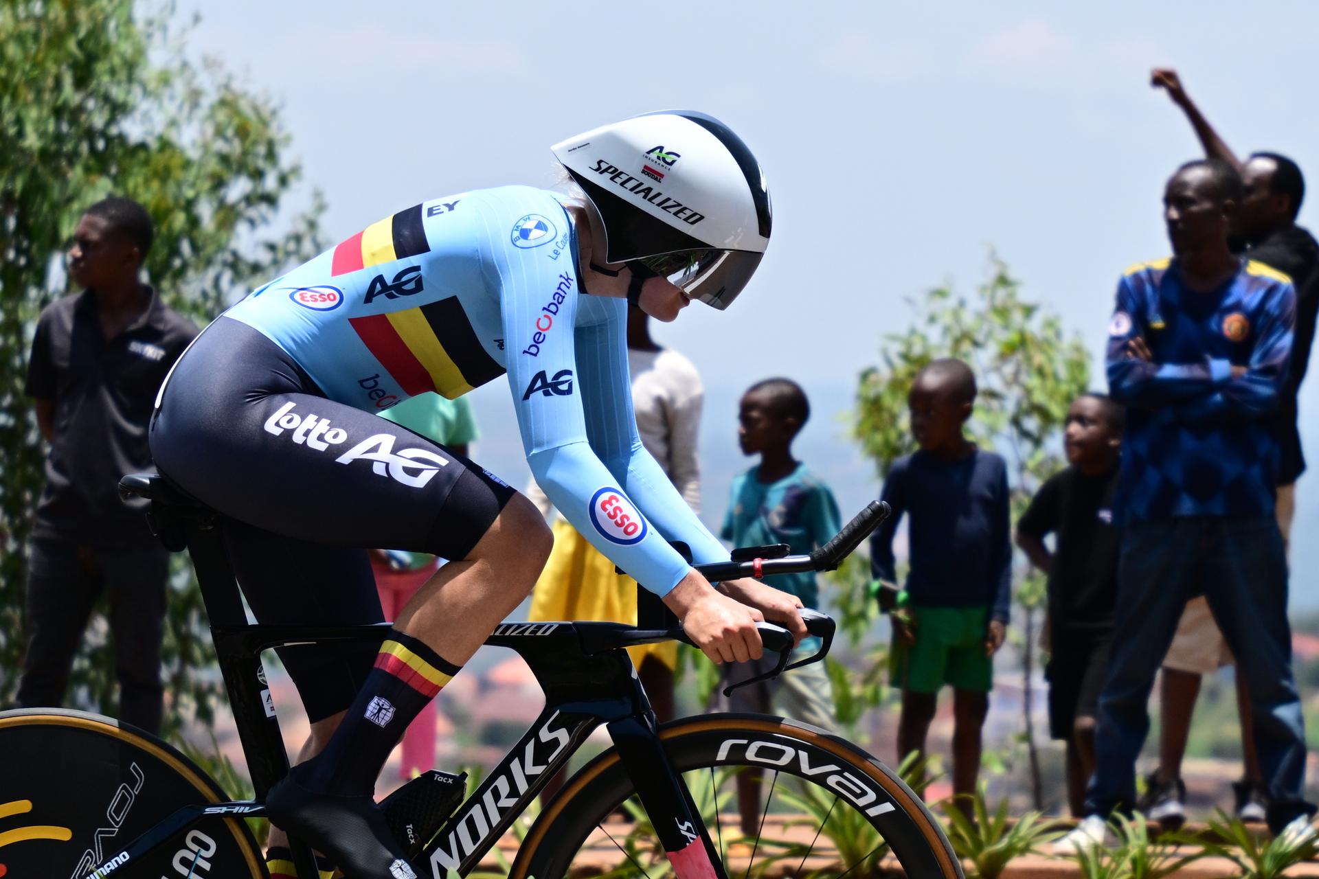 Belgian Marthe Goossens pictured in action during the Women Elite Individual Time Trial race (31,2km) at the road world championships, in Kigali, Rwanda, Sunday 21 September 2025. The 2025 UCI Road World Championships take place from 21 to 28 September in Kigali, Rwanda. BELGA PHOTO DIRK WAEM