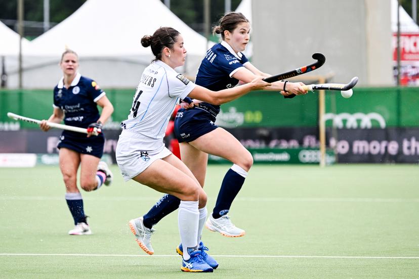 Braxgata's Sofie Scheers and Gantoise's Helene Brasseur pictured in action during a hockey game between Braxgata and Gantoise, Sunday 25 May 2025 in Antwerp, the second leg game in the finals of the women's 2024-2025 Belgian first division hockey championship. BELGA PHOTO TOM GOYVAERTS