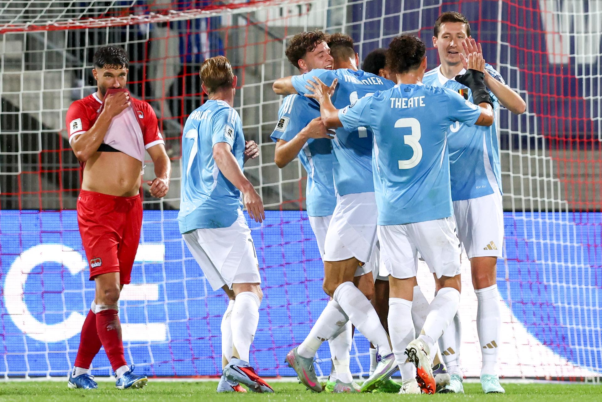 Belgium's Maxim De Cuyper celebrates after scoring during a soccer game between Belgian national soccer team Red Devils and Liechtenstein, in Vaduz, on Thursday 04 September 2025, the third (out of 8) qualification game for the World Cup 2026. BELGA PHOTO BRUNO FAHY