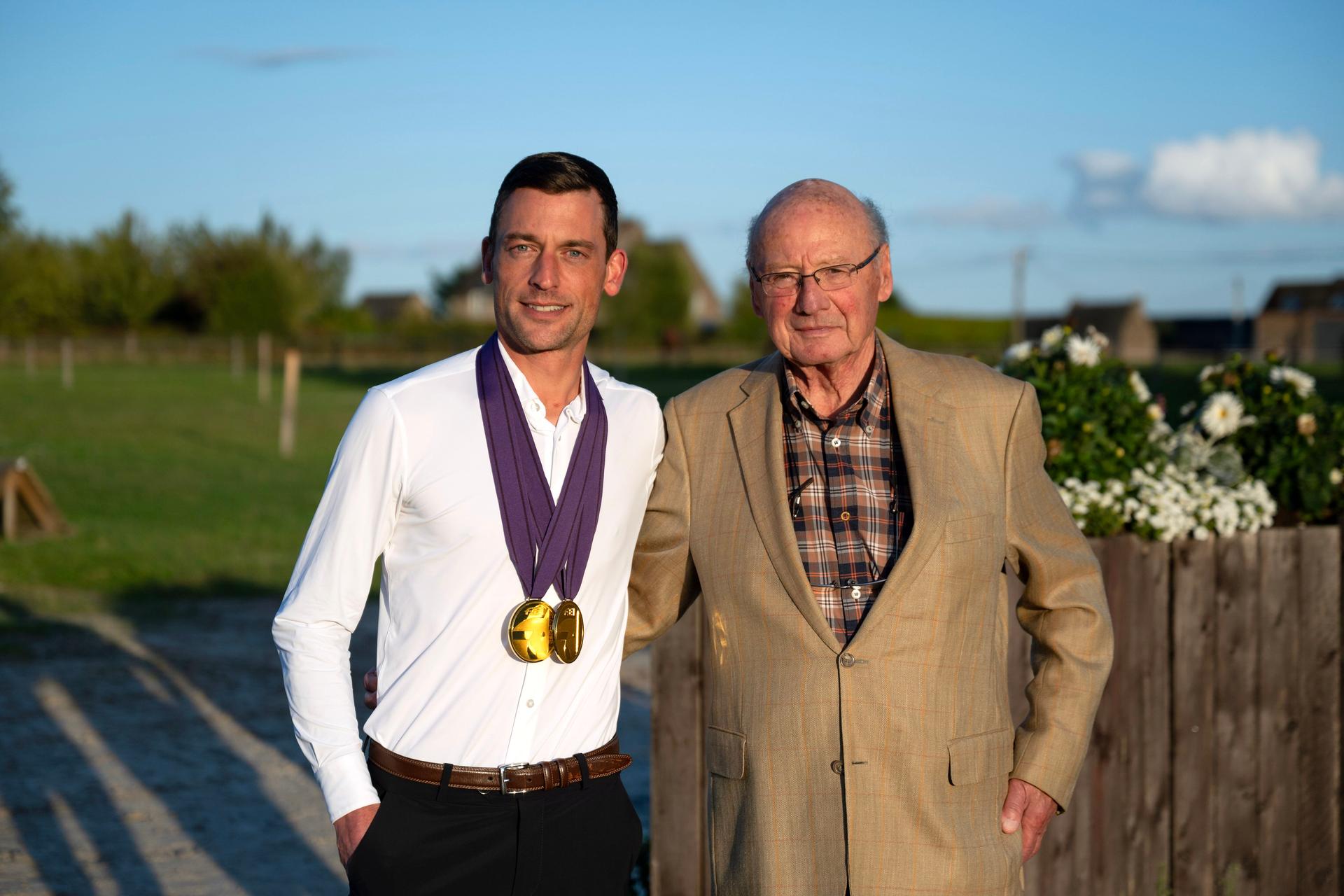 Eugène Mathy, president of LEWB and vice-president of FRBSE, and rider Justin Verboomen pictured during the celebration of double European dressage champion Justin Verboomen in Gesves, on Friday 12 September 2025.  BELGA PHOTO MAXIME ASSELBERGHS