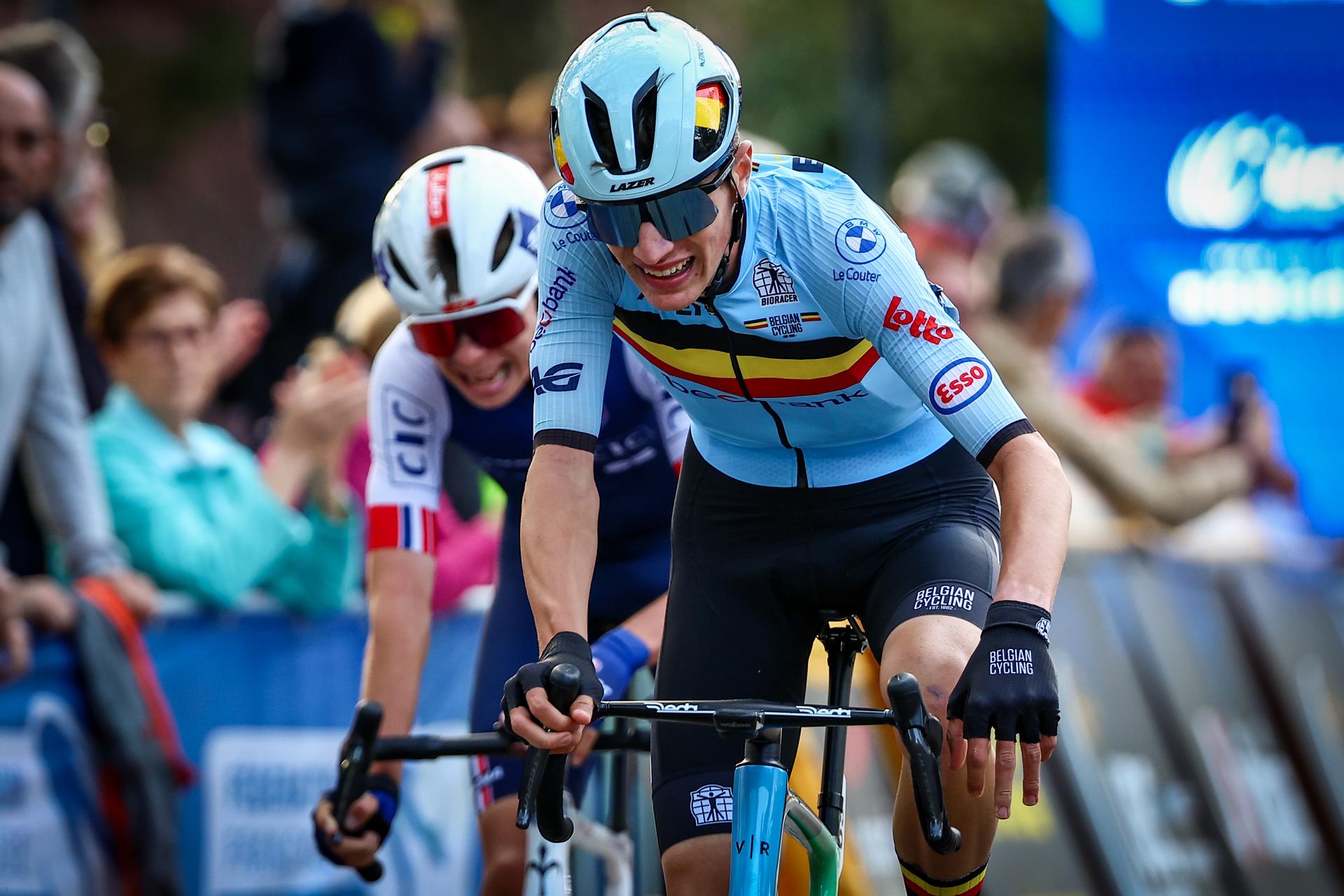 Belgium Seff Van Kerckhove crosses the finish line at the Men Junior Road Race at the UEC road European cycling championships, a 103,4 km track in Loriol-sur-Drome, France on Friday 03 October 2025. The European cycling championships Drome-Ardeche takes place from 1 to 5 October, France. BELGA PHOTO DAVID PINTENS