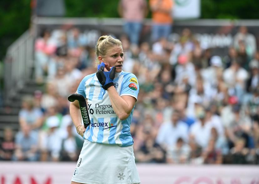 Gantoise's Alix Gerniers reacts during a hockey game between KHC Dragons and Gantoise, Sunday 21 May 2023 in Brasschaat, the second leg of the finals in the play-offs for the Belgian Women Hockey League season 2022-2023. BELGA PHOTO JOHN THYS