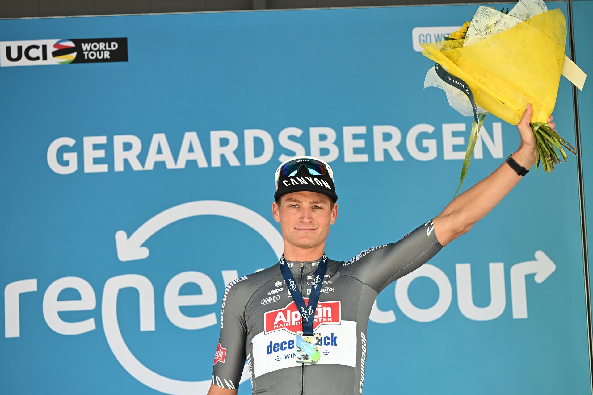 Dutch Mathieu van der Poel of Alpecin-Deceuninck celebrates on the podium after winning the third stage of the 'Renewi Tour' multi-stage cycling race, from Aalter to Geraardsbergen (179,9 km) on Friday 22 August 2025. The five-day race takes place in Belgium and the Netherlands.  BELGA PHOTO DAVID PINTENS
