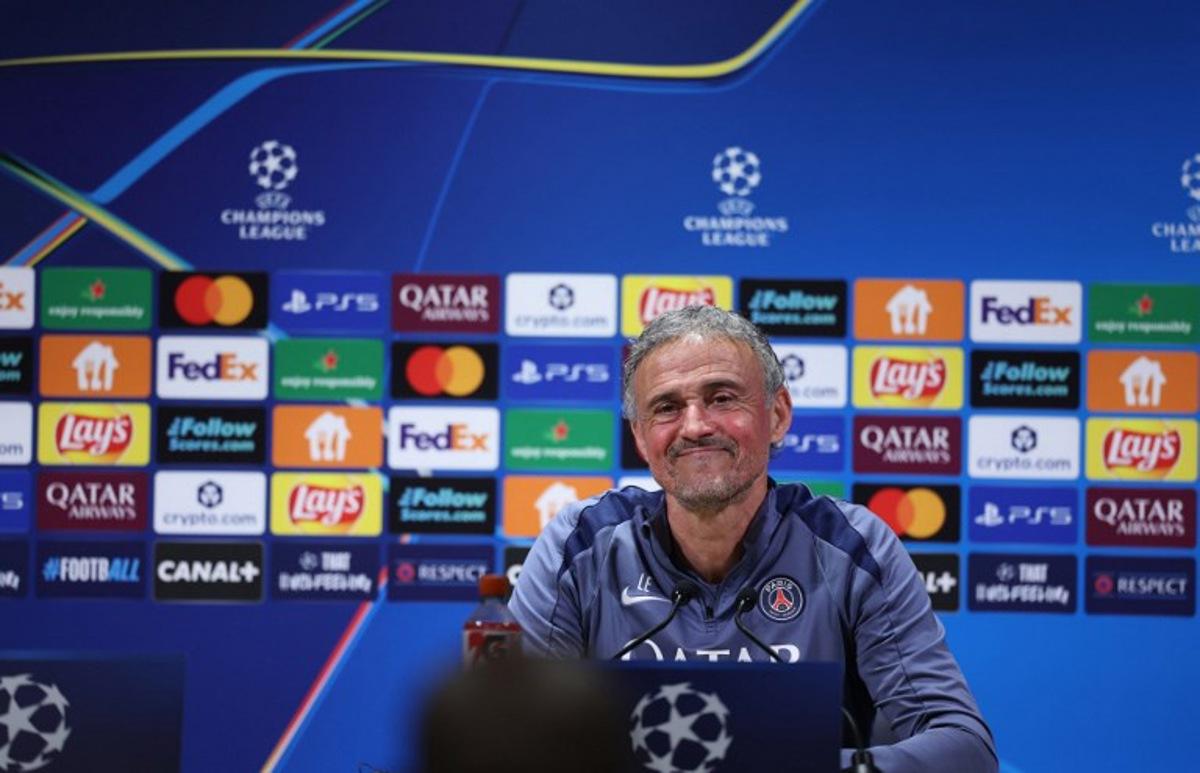 Paris Saint-Germain's Spanish head coach Luis Enrique gives a press conference of French football club Paris Saint-Germain a day ahead of their UEFA Champions League semi-final match against German club FC Bayern Munich at the PSG Campus in Poissy, north-west of Paris, on April 27, 2026.  FRANCK FIFE / AFP
