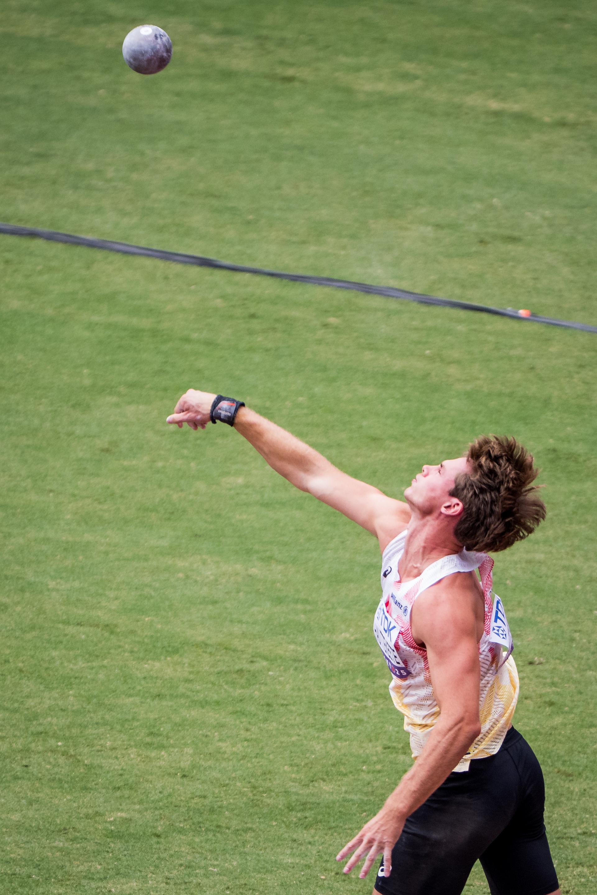 Belgian Jente Hauttekeete pictured in action during the Shot Put event of the men's Decathlon competition, at the World Athletics Championships in Tokyo, Japan, on Saturday 20 September 2025. The outdoor Worlds are taking place from 13 to 21 September. BELGA PHOTO JASPER JACOBS