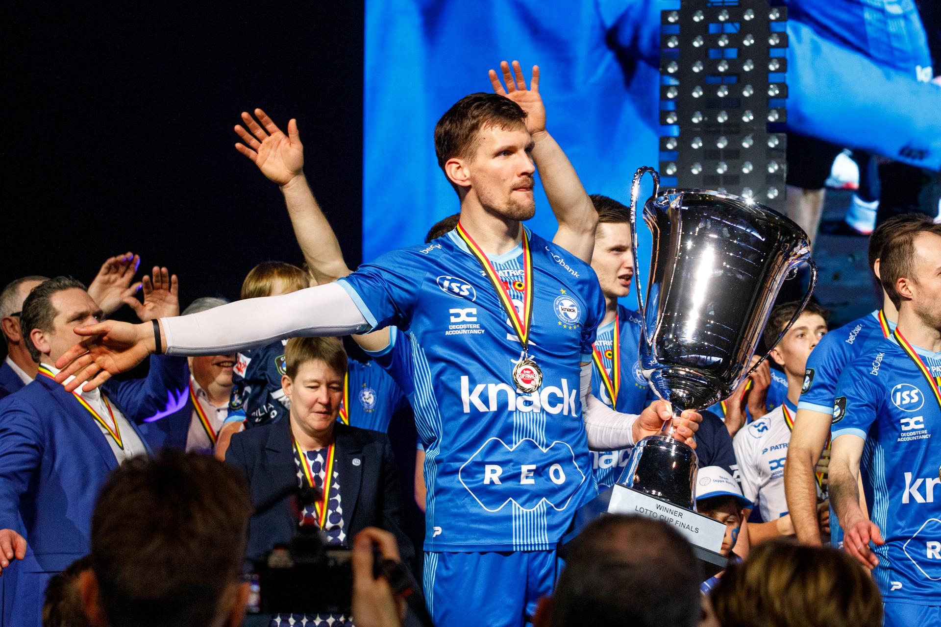 Roeselare's Matthijs Verhanneman celebrates after winning the match between Descospan Menen and Knack Roeselare, the final match in the men Belgian volleyball cup competition, Sunday 02 March 2025 in Merksem, Antwerp. BELGA PHOTO HATIM KAGHAT