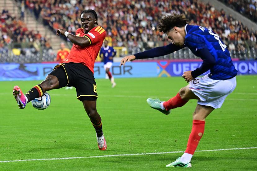 Belgium's Romeo Lavia and France's Maghnes Akliouche pictured during a soccer game between Belgian national team Red Devils and France, on Monday 28 September 2026  in Brussels, the second game of the UEFA Nations League group stage. BELGA PHOTO DIRK WAEM