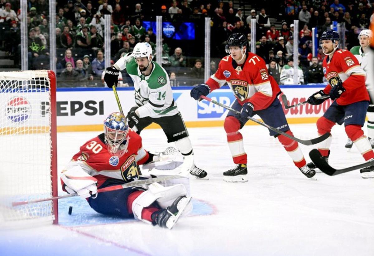 Spencer Knight, goalkeeper of Florida makes a save during the NHL Global Series Ice Hockey match Dallas Stars vs Florida Panthers  in Tampere, Finland on November 2, 2024. NHL teams Dallas Stars and Florida Panthers face each other in NHL Global Series matches in Tampere on November 1 and November 2, 2024. Heikki Saukkomaa / Lehtikuva / AFP