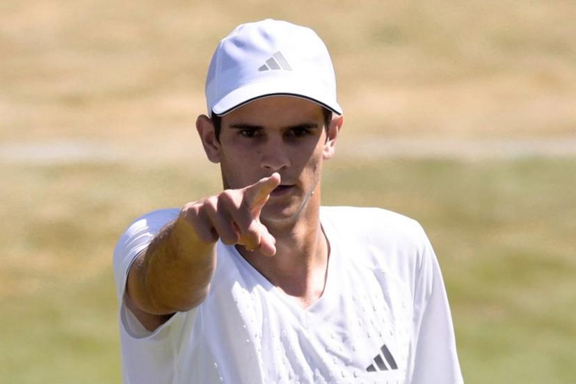 Spain's Rafael Jodar celebrates beating Spain's Pablo Carreno Busta during their men's singles second round tennis match on the fourth day of the 2026 Wimbledon Championships at The All England Lawn Tennis and Croquet Club in Wimbledon, southwest London, on July 2, 2026.  Henry NICHOLLS / AFP