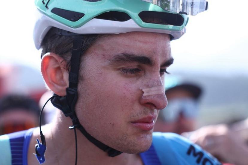 Decathlon AG2R La Mondiale Team's French rider Paul Seixas reacts at the end of the 6th stage of the 77th edition of the Criterium du Dauphine cycling race, 126,7 km between Valserhône and Combloux, on June 13, 2025.  Anne-Christine POUJOULAT / AFP