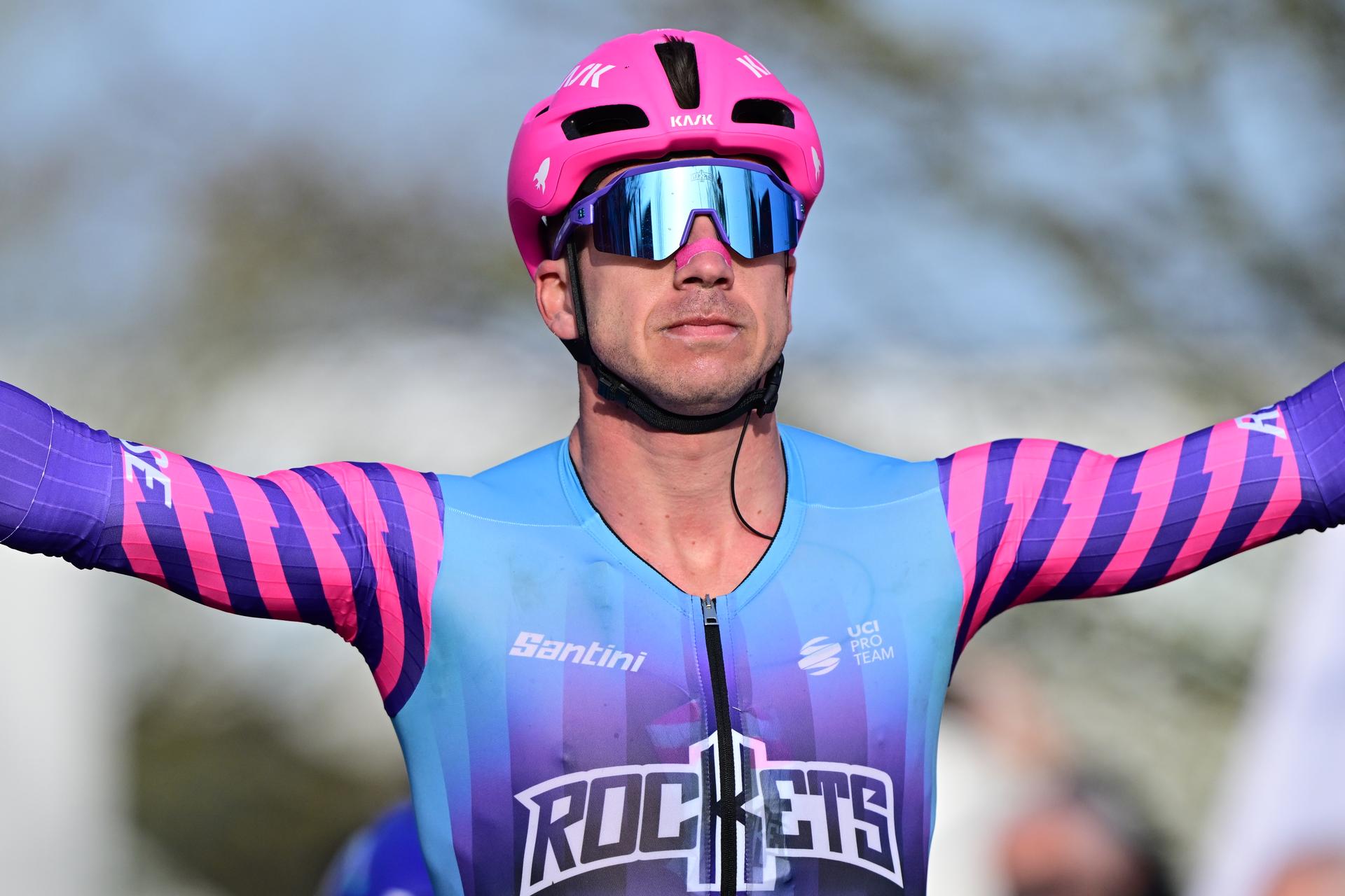 Dutch Dylan Groenewegen of Unibet Rose Rockets celebrates as he wins the final sprint of the 'Bredene Koksijde Classic' one day cycling race, 203,4 km from Bredene to Koksijde, on Friday 20 March 2026. BELGA PHOTO DIRK WAEM