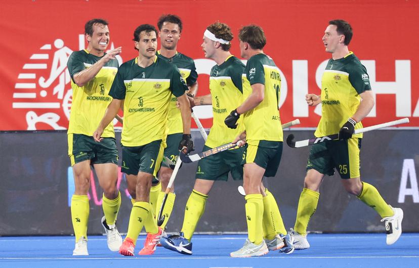 Australia's players celebrate after scoring during a hockey game between Belgian national team Red Lions and Netherlands, Thursday 25 June 2026 in Wavre, match 14/16 in the group stage of the men's FIH Pro League competition. BELGA PHOTO VIRGINIE LEFOUR