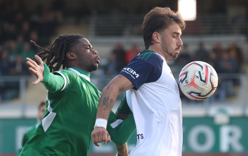 Virton's William Simba and Hasselt's Livio Milts fight for the ball during a soccer match between Royal Excelsior Virton and Sporting Hasselt, Saturday 10 October 2026 in Virton, on day 7 of the 2026-2027 'Challenger Pro League' second highest division of the Belgian championship. BELGA PHOTO VIRGINIE LEFOUR