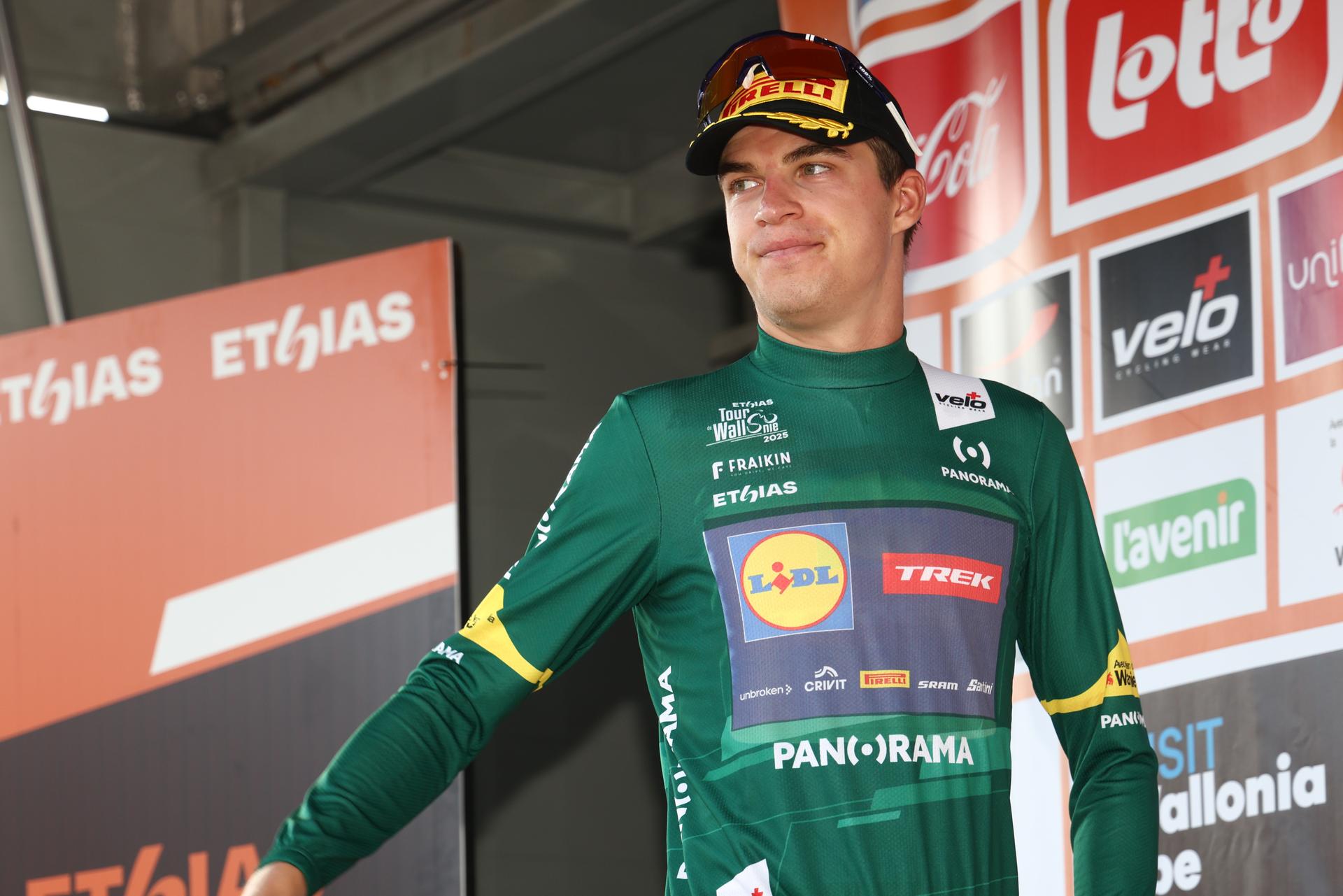 Czech Mathias Vacek of Lidl-Trek celebrates in the green jersey for best young rider after the fifth and final stage of the Tour De Wallonie cycling race, from and back of Bertrix (183,3 km), on Wednesday 30 July 2025. BELGA PHOTO BRUNO FAHY