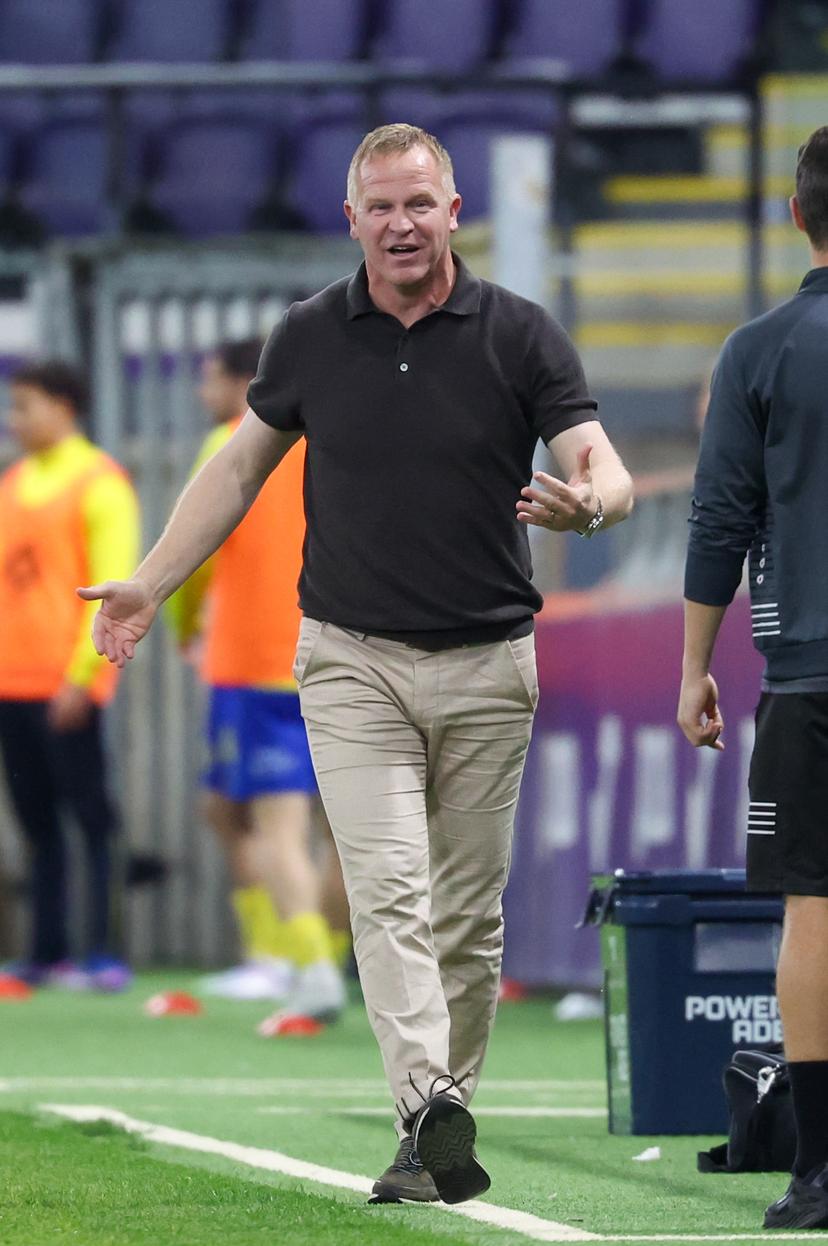 STVV's head coach Wouter Vrancken celebrates during a soccer match between RSC Anderlecht and Sint-Truidense V.V., Thursday 21 May 2026 in Brussels, on the ninth day of the Champion's Play-off of the 2025-2026 'Jupiler Pro League' first division of the Belgian championship. BELGA PHOTO VIRGINIE LEFOUR