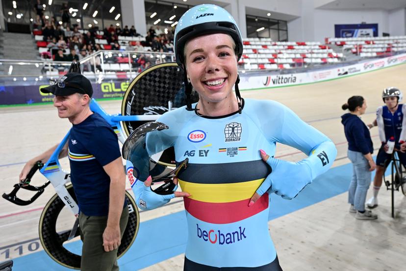Belgian Helene Hesters celebrates after winning the women's Scratch race at the first day of the 2026 UEC Track Elite European Championships, in Konya, Turkey, Sunday 01 February 2026. The European Championships take place from 01 to 05 February 2026. BELGA PHOTO DIRK WAEM