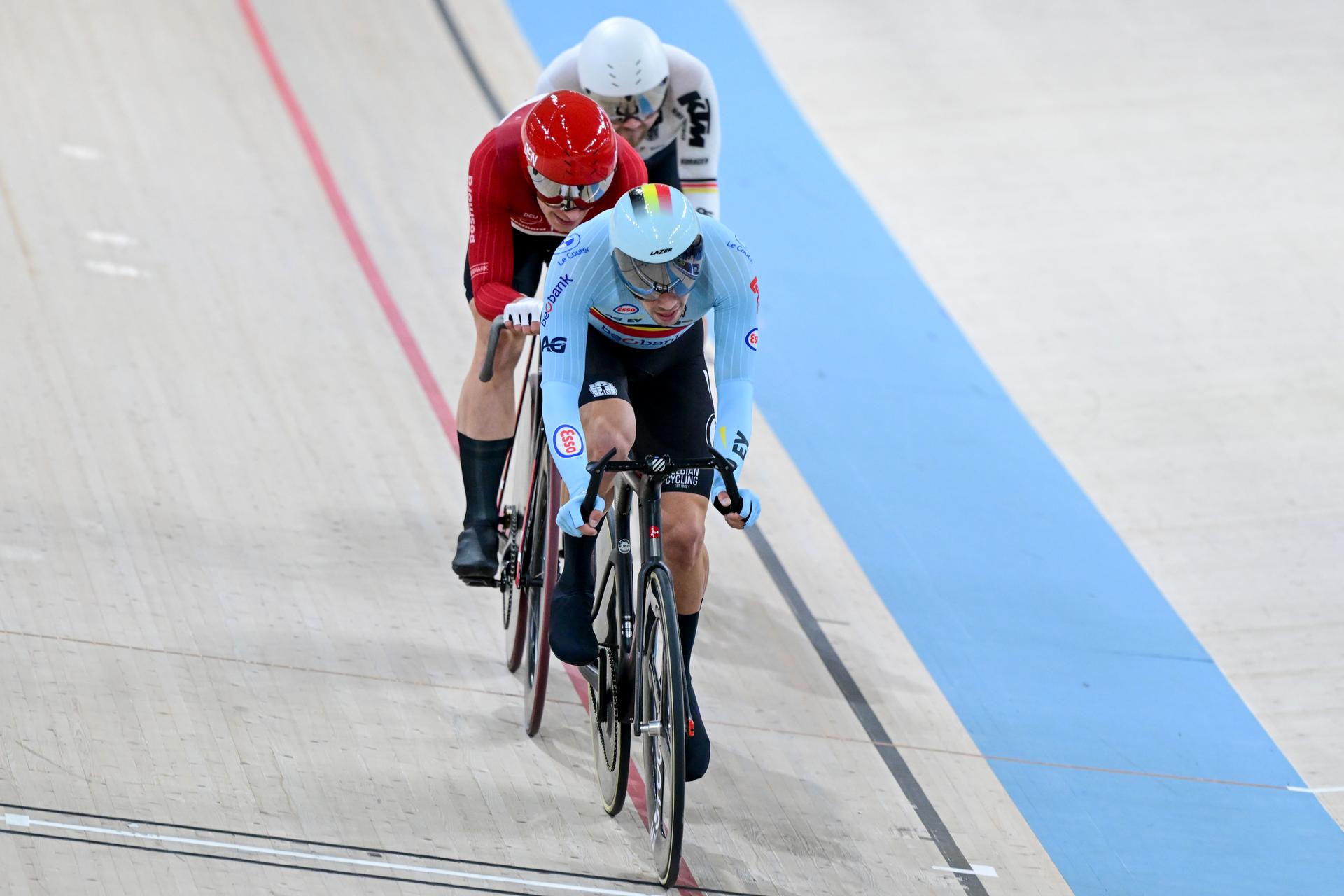 Belgian Noah Vandenbranden pictured in action during the men's Scratch race at day 3 of the 2026 UEC Track Elite European Championships, in Konya, Turkey, Tuesday 03 February 2026. The European Championships take place from 01 to 05 February 2026. BELGA PHOTO DIRK WAEM