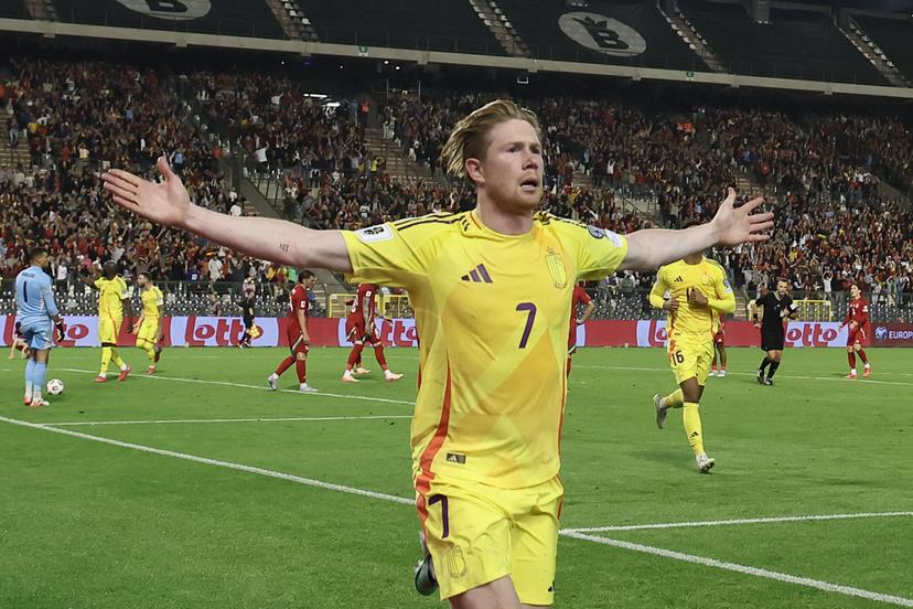 Belgium's Kevin De Bruyne celebrates after scoring during a soccer game between Belgian national team Red Devils and Wales, Monday 09 June 2025 in Bussels, the second (out of 8) qualification games for the World Cup 2026. BELGA PHOTO BRUNO FAHY