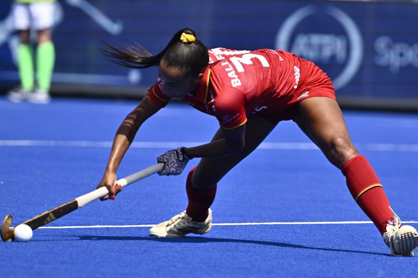 Belgium's Ambre Ballenghien pictured in action during a hockey game between Scotland and the Belgian national team Red Panthers, match 3/3 in the pool stage of the 2025 women's European championships, Wednesday 13 August 2025 in Monchengladbach, Germany.  BELGA PHOTO ERIC LALMAND