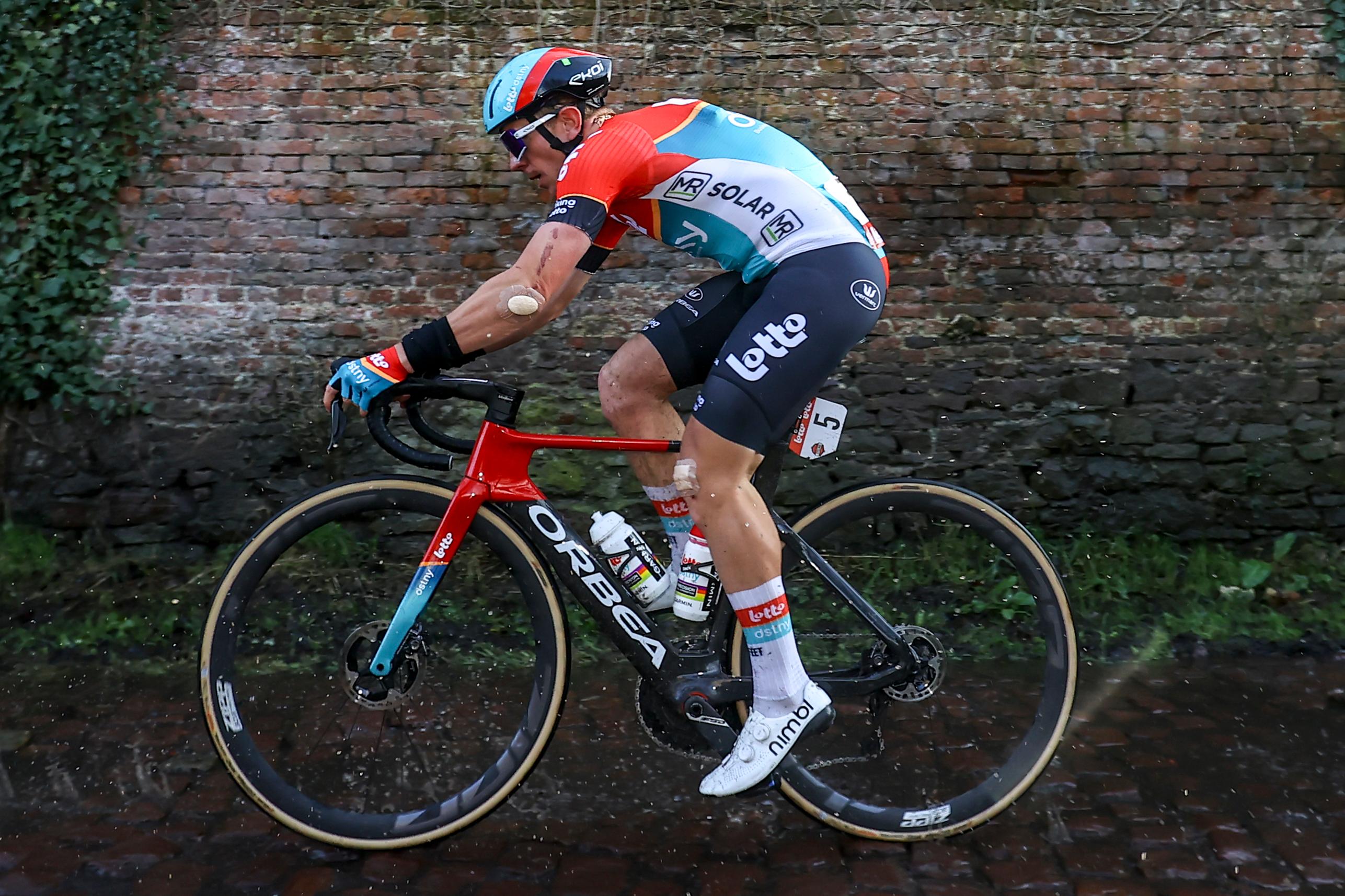 Belgian Lionel Taminiaux of Lotto Dstny pictured in action during the 'Grand Prix du Samyn' one day cycling race, 202km from Quaregnon to Dour on Tuesday 27 February 2024, the first (out of 10) race of the Lotto Cycling Cup. BELGA PHOTO DAVID PINTENS