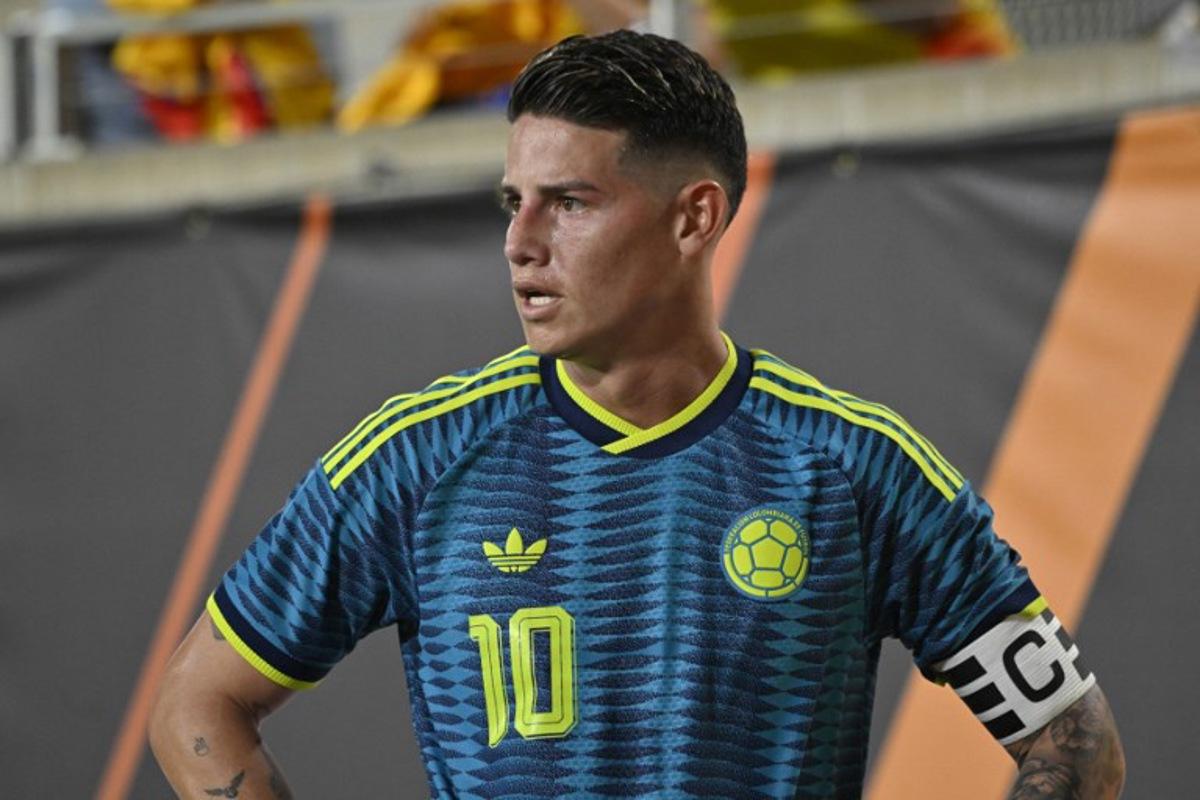Colombia's midfielder #10 James Rodriguez looks on during a friendly football match between Colombia and Croatia at Camping World Stadium in Orlando, Florida, on March 26, 2026.  Miguel J. Rodriguez CARRILLO / AFP