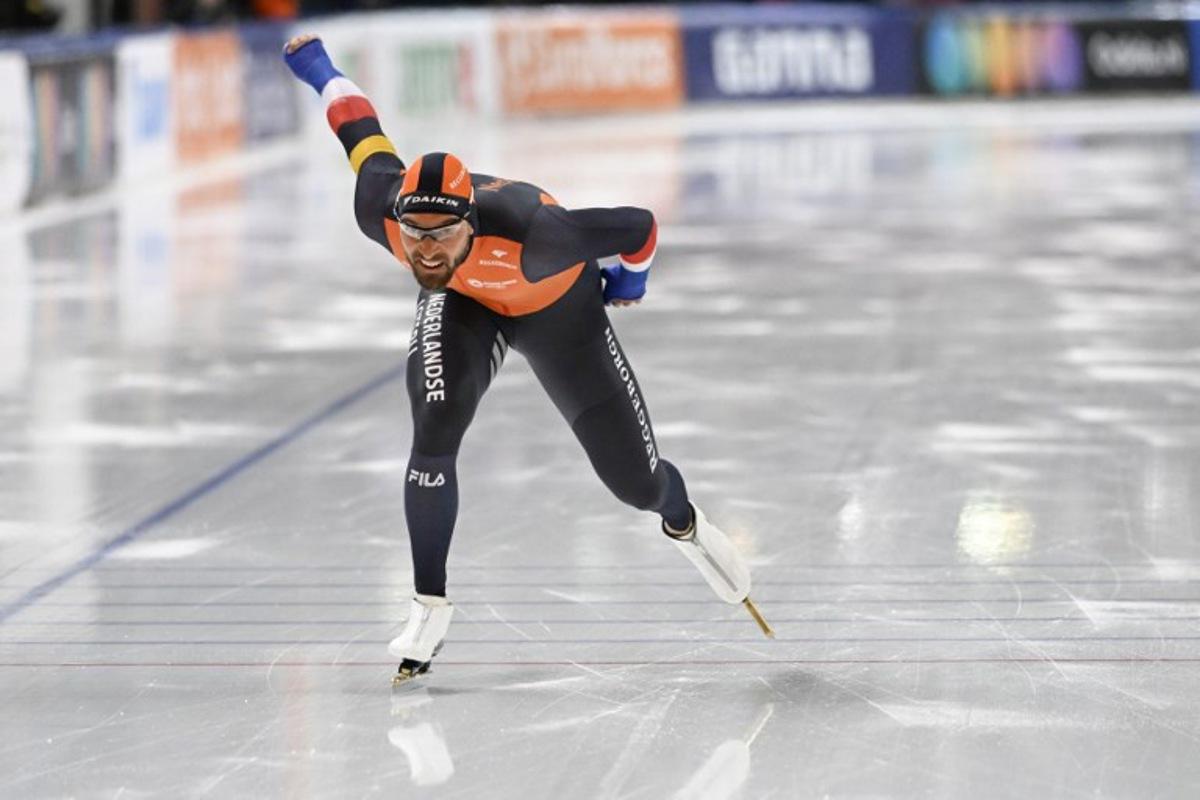 Gold medal Netherland's Kjeld Nuis competes during the 1000m Division A of the ISU World Cup Speed Skating in Var Energi Arena Sormarka in Stavanger, Norway, on December 1, 2023.   Carina Johansen / NTB / AFP