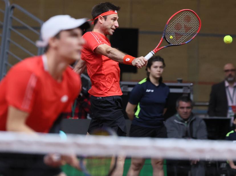 Belgian Joran Vliegen and Belgian Sander Gille pictured in action duringa a doubles tennis match against Bulgarian pair Donski/Nesterov, match 3 of the qualifier of the Davis Cup on Sunday 08 February 2026, in Plovdiv, Bulgaria. Belgium will compete this weekend in the Davis Cup qualifiers against Bulgaria. BELGA PHOTO BENOIT DOPPAGNE