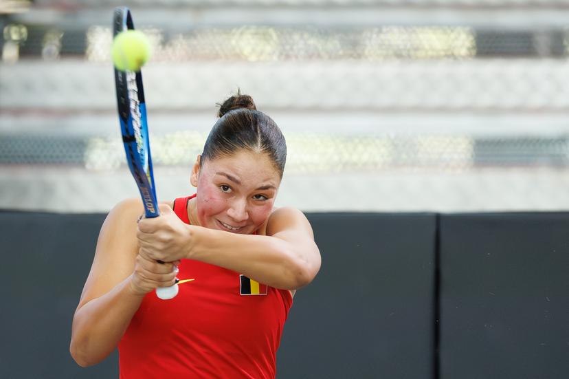 Belgian Sofia Costoulas pictured during the first game between Belgian Costoulas and Turkish Aksu in the Billie Jean King Cup Play-offs, between Belgium and Turkey, on Saturday 15 November 2025 in Ismaning, Germany. PHOTO BENOIT DOPPAGNE