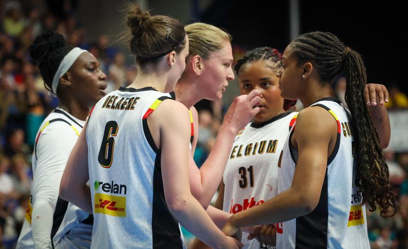 Belgium's Emma Meesseman with teammates pictured during a friendly basket game between Belgium's national team Belgian Cats and Italy, in Jemappes, on Friday 23 May 2025. BELGA PHOTO VIRGINIE LEFOUR