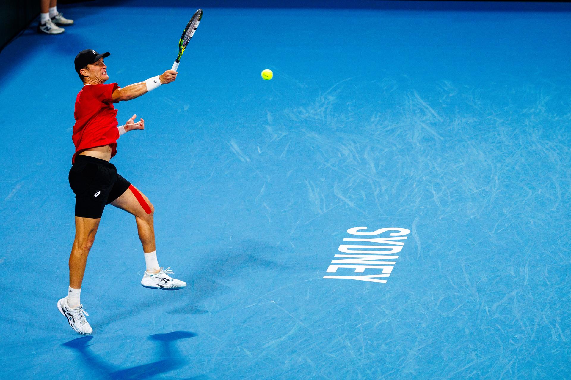 Belgian Raphael Collignon pictured in action duringa a tennis match between Belgian Collignon and Australian Thompson, during the qualifier of the Davis Cup, Sunday 14 September 2025, in Sydney, Australia. Belgium and Australia will compete this weekend in the second round of the Davis Cup qualifiers. BELGA PHOTO PATRICK HAMILTON