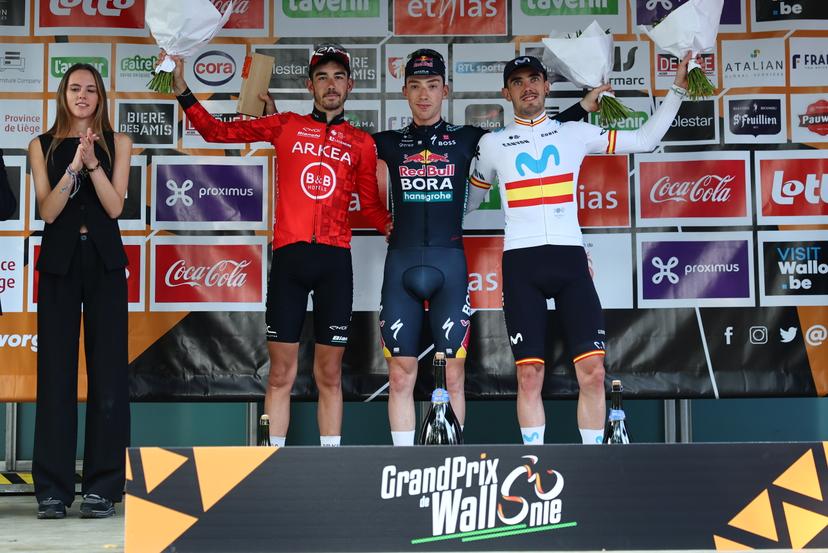 French Clement Champoussin of Arkea-BB Hotels, Spanish Roger Adria of Red Bull-Bora-Hansgrohe and Alex Aranburu of Movistar Team pictured on the podium after the one day cycling race Grand Prix de Wallonie 2024 (202,3 km), from Blegny to the Citadelle de Namur, in Namur, on Wednesday 18 September 2024.  BELGA PHOTO DAVID PINTENS