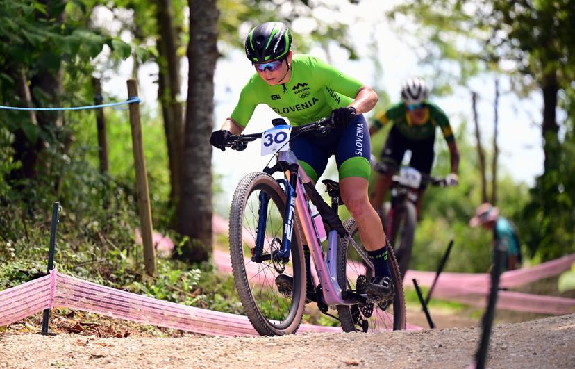 Slovenian Tanja Zakelj pictured in action during the women's cross-country cycling race of the Paris 2024 Olympic Games, at the Colline d'Elancourt climb near Paris, France on Sunday 28 July 2024. The Games of the XXXIII Olympiad are taking place in Paris from 26 July to 11 August. The Belgian delegation counts 165 athletes competing in 21 sports. BELGA PHOTO LAURIE DIEFFEMBACQ