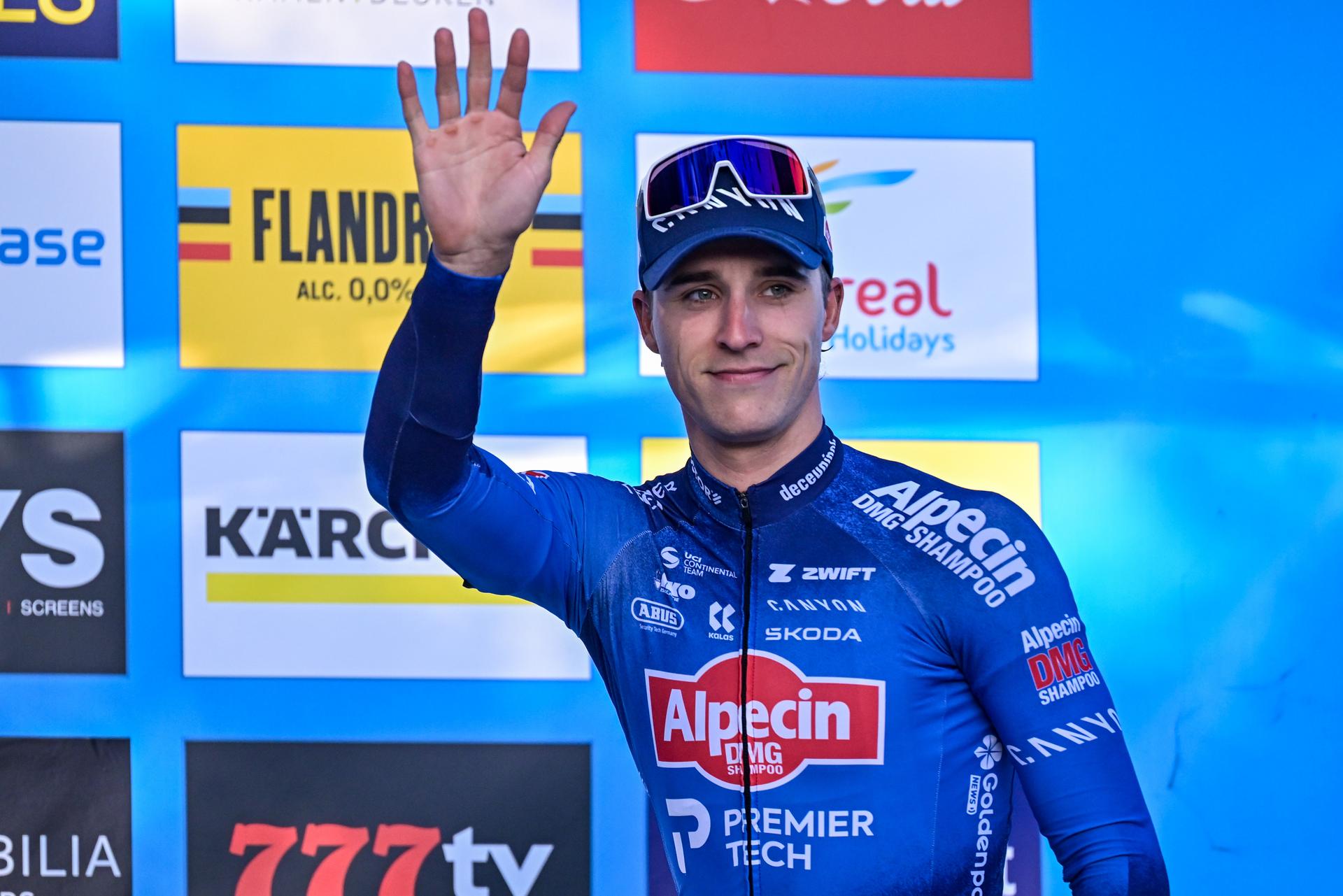Belgian Niels Vandeputte of Alpecin-Premier Tech pictured on the podium after the men's elite race of the 'Berencross Meulebeke' cyclocross cycling event, race 2/8 in the 'HG Cross' competition, on Saturday 17 October 2026. BELGA PHOTO DAVID PINTENS
