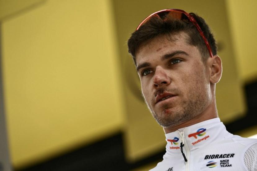 Team TotalEnergies' French rider Emilien Jeanniere looks on, with visible injuries on his face after his crash one day prior, at the start of the 4th stage of the 112th edition of the Tour de France cycling race, 174.2 km between Amiens Metropole and Rouen, Northern France, on July 8, 2025.  Marco BERTORELLO / AFP