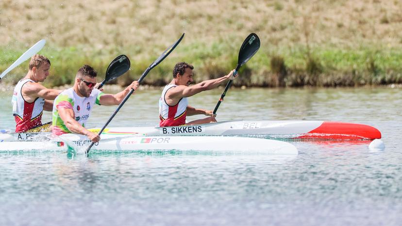 Belgian kayaker Artuur Peters and kayaker Bram Sikkens pictured in action during the final of the men's Kayak Double 500m event (K2 500m), at the European Championships Canoe Sprint, at Munich 2022, Germany, on Sunday 21 August 2022. The second edition of the European Championships takes place from 11 to 22 August and features nine sports. BELGA PHOTO BENOIT DOPPAGNE
