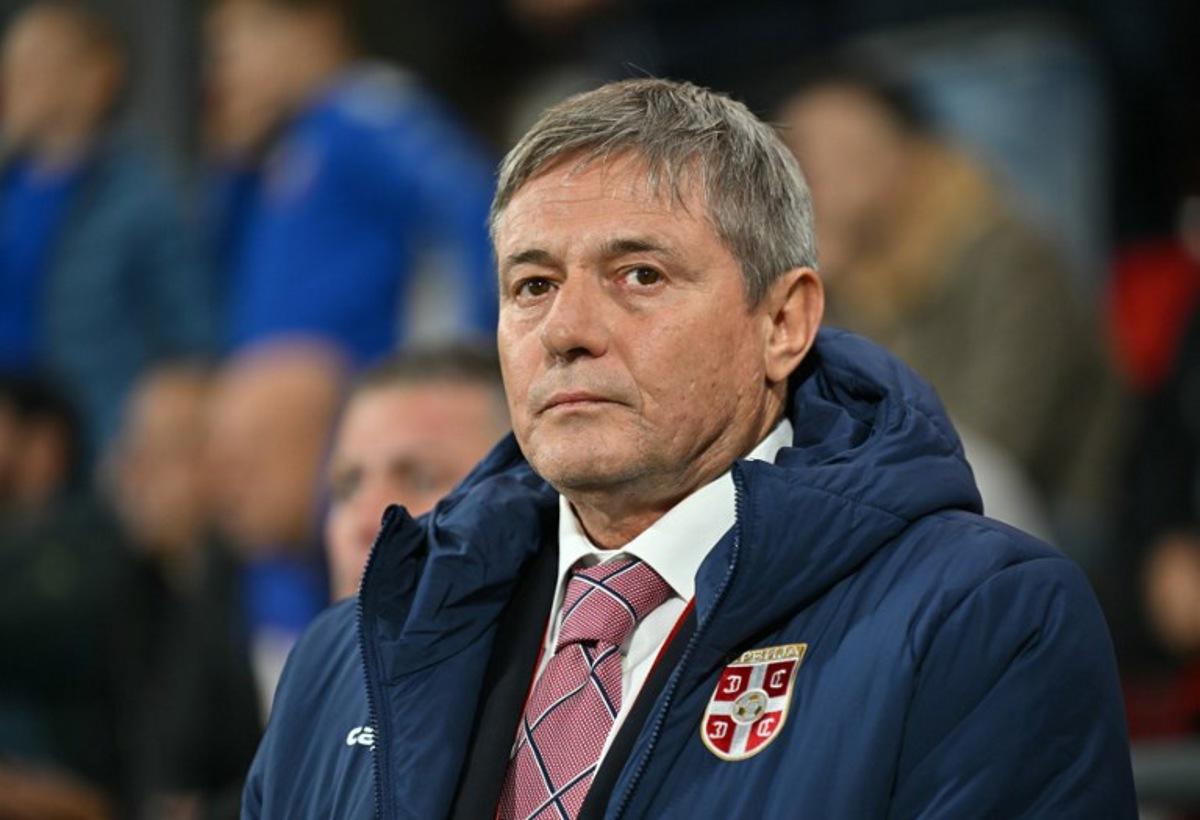 Serbia's headcoach Dragan Stojkovic looks on before the start of the FIFA World Cup 2026 Group K qualification football match between Serbia and Albania at the Dubocica Stadium in Leskovac on October 11, 2025.  Andrej ISAKOVIC / AFP