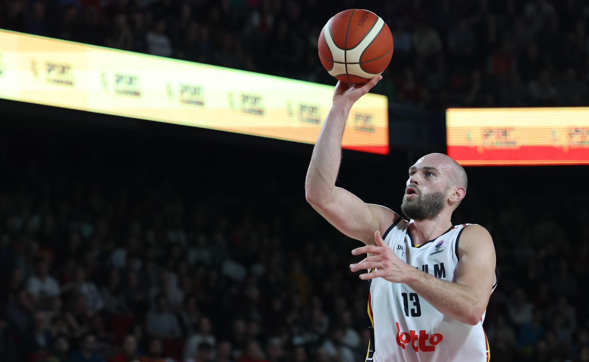 Belgium's Pierre-Antoine Gillet fights for the ball during a basketball match between Belgium's national team Belgian Lions and Spain, Sunday 25 February 2024 in Charleroi, game 2/6 in the group stage for the Euro 2025 qualifications. BELGA PHOTO VIRGINIE LEFOUR