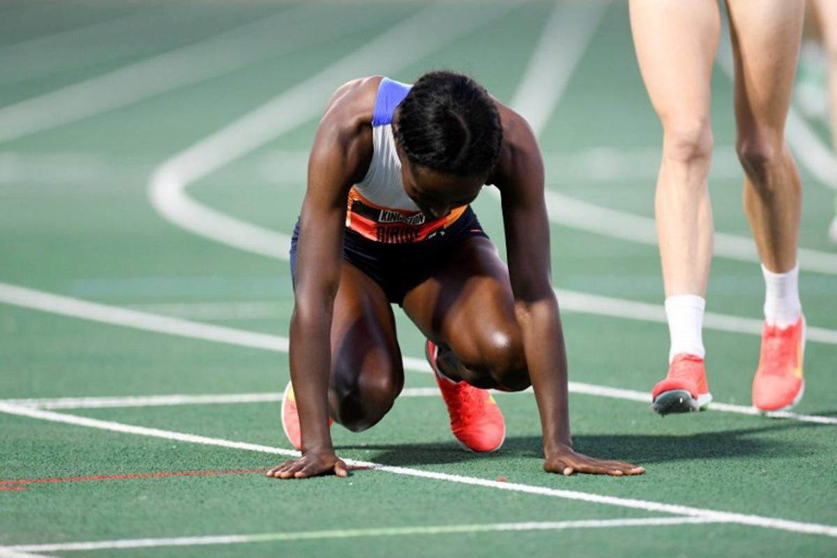 Ethiopia's Diribe Welteji reacts after winning the women's 1,500m event during the Grand Slam Track competition at the National Stadium in Kingston, Jamaica, on April 5, 2025.  Ricardo Makyn / AFP
