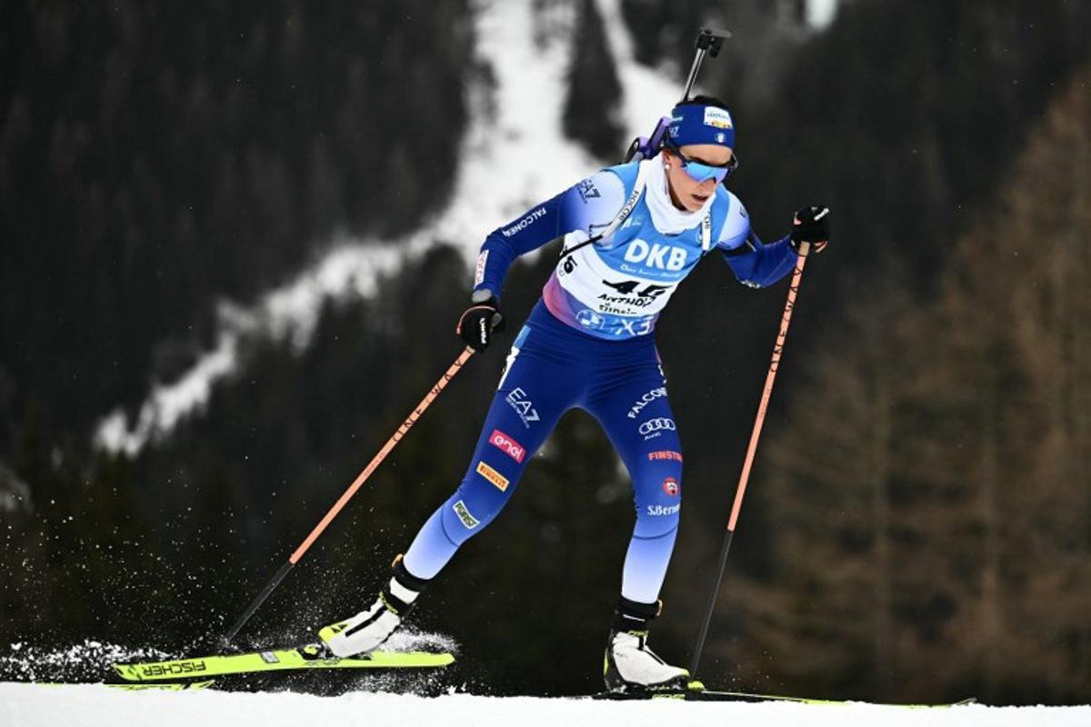 Italy's Rebecca Passler competes in the women's 7.5km sprint event of the IBU Biathlon World Cup in Antholz-Anterselva, Italy, on January 23, 2025.  Marco BERTORELLO / AFP