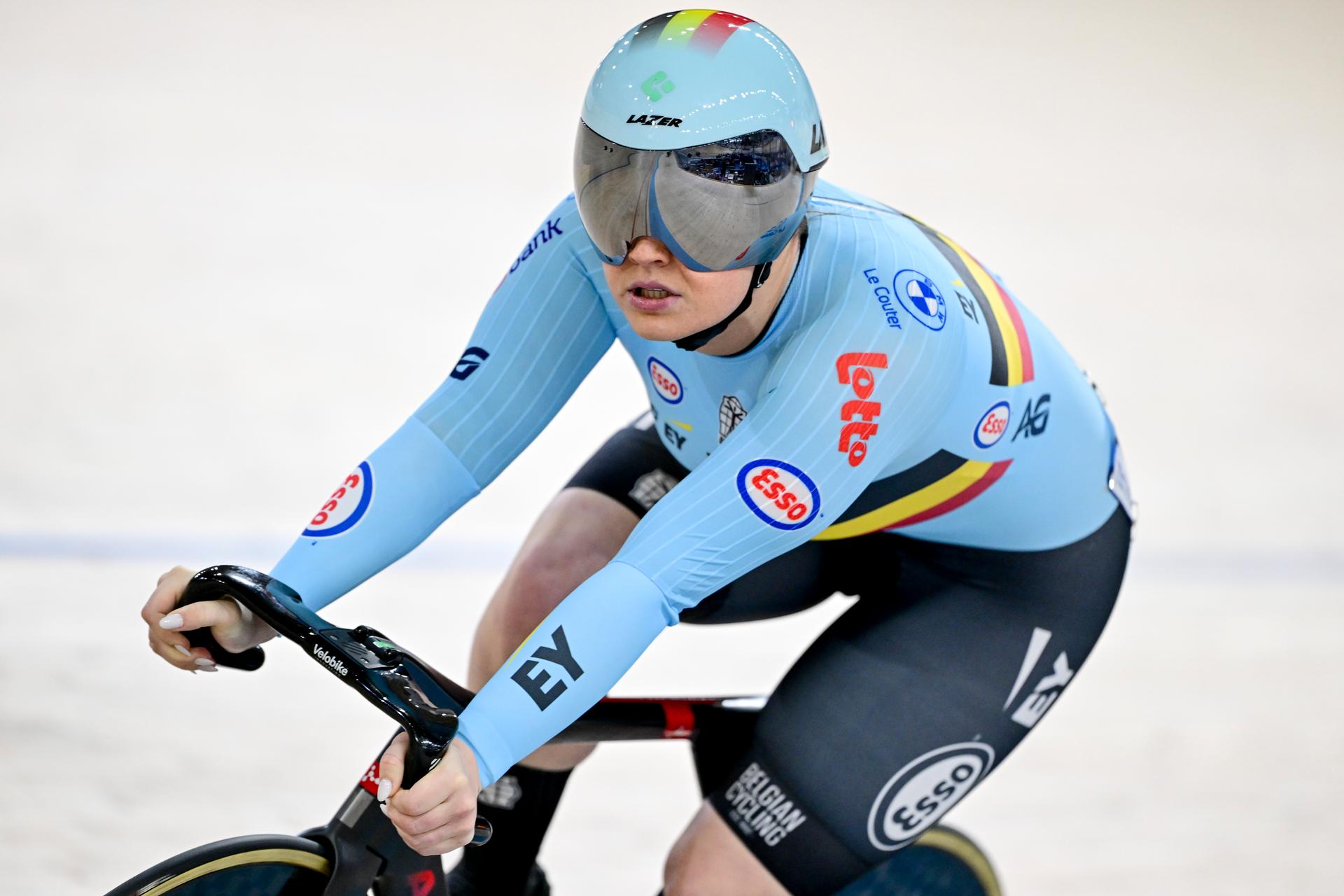 Nicky Degrendele pictured in action during the women's Sprint qualifications on the second day of the 2026 UEC Track Elite European Championships, in Konya, Turkey, Monday 02 February 2026. The European Championships take place from 01 to 05 February 2026. BELGA PHOTO DIRK WAEM