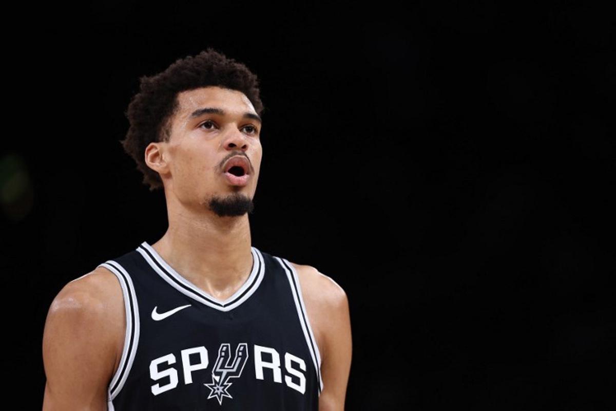 San Antonio Spurs' French forward-center #01 Victor Wembanyama reacts  during the NBA basketball game between the San Antonio Spurs and the Indiana Pacers at the Accor Arena - Palais Omnisports de Paris-Bercy - in Paris on January 25, 2025.  FRANCK FIFE / AFP